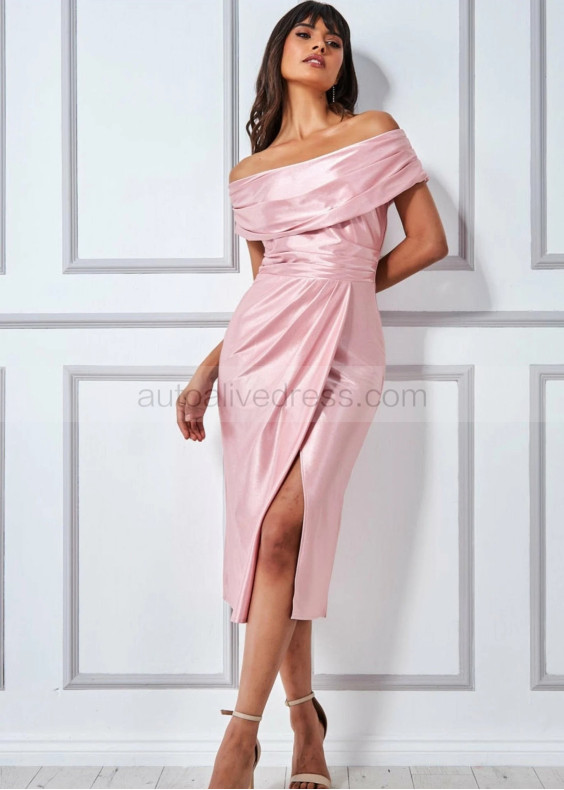 Cowl Neck Pink Satin Split Sexy Party Dress